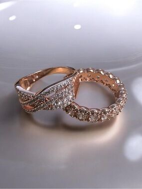 2 Rose Gold Crystal Pave Twisted Band Ring  and Rose gold eternity band